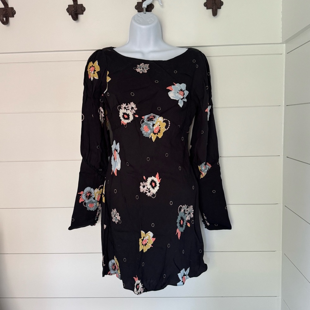 Free People Floral Black Long Slit Sleeve Dress, Women’s 0